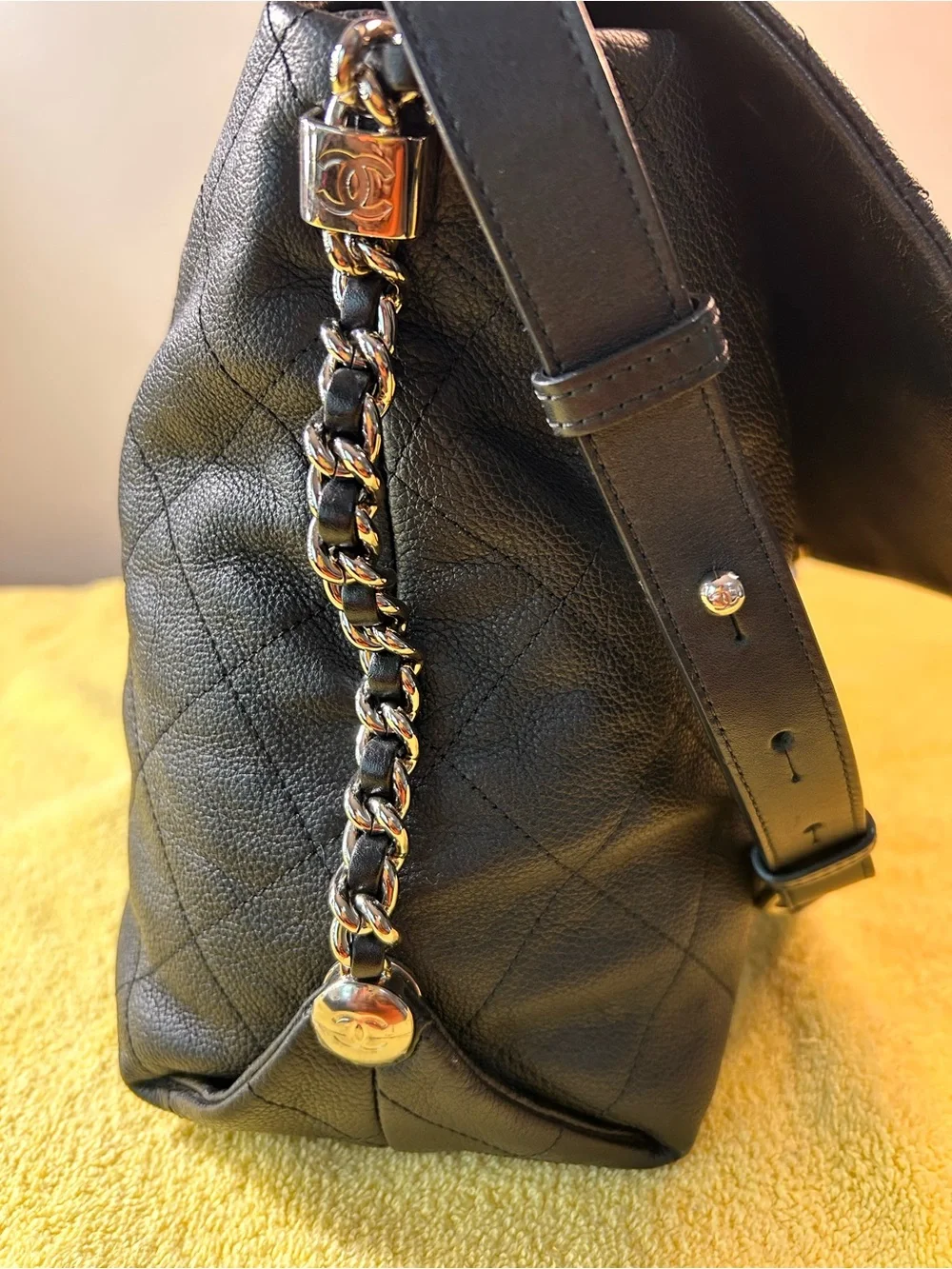 Authentic CHANEL Black Quilted Leather Shoulder Bag with Silver-Tone CC